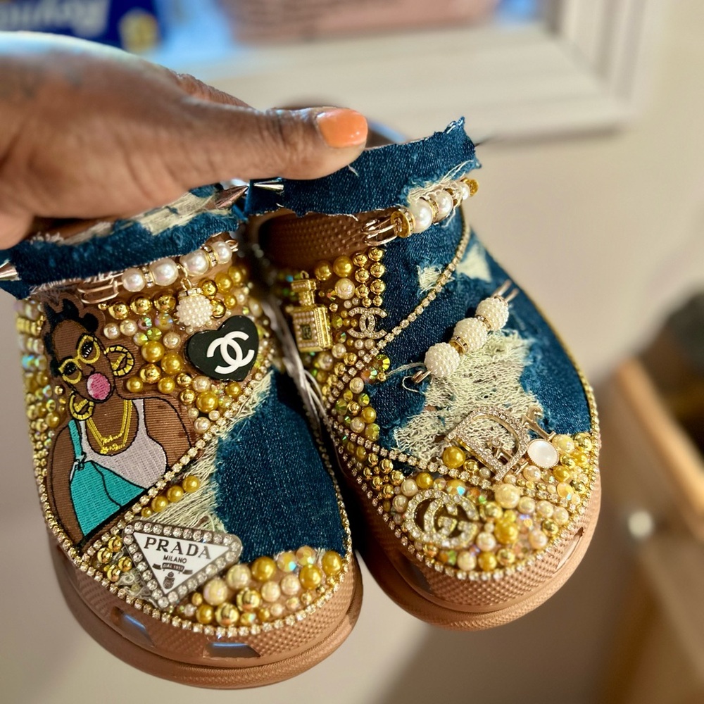CROCS Denim Beaded Slip-Ons with Gold and Cream Details